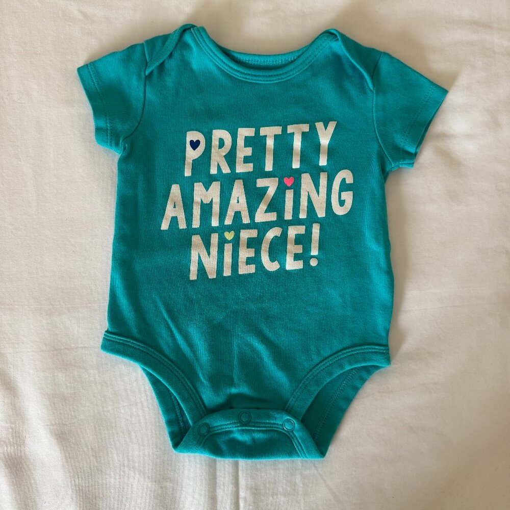 NWOT Carter's 3 months "pretty amazing niece!" teal onesie